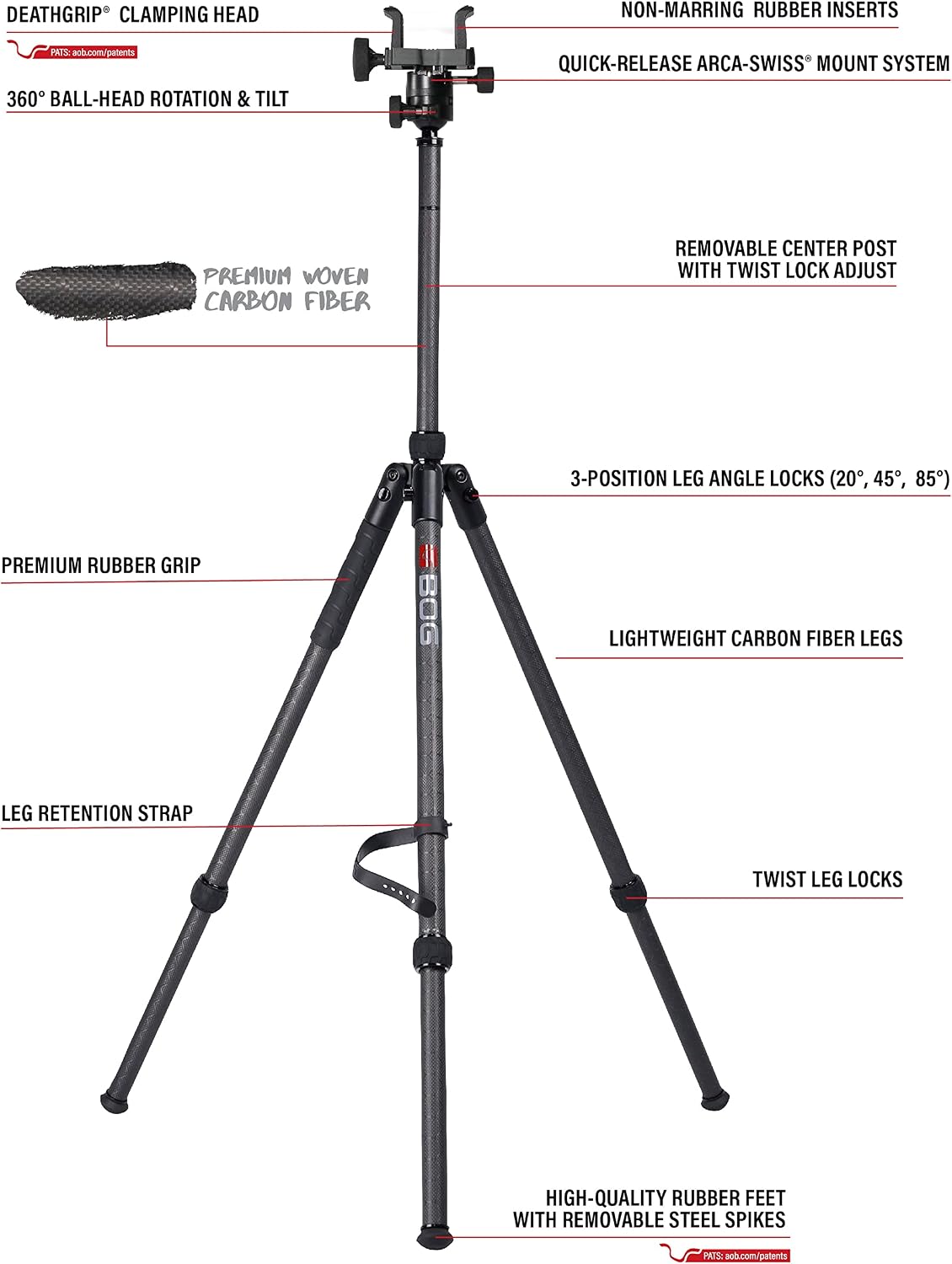 BOG DeathGrip Aluminum Tripod with Durable Frame, Lightweight, Stable Design, Bubble Level, Adjustable Legs, Shooting Rest, and Hands-Free Operation for Hunting, Shooting, and Outdoors