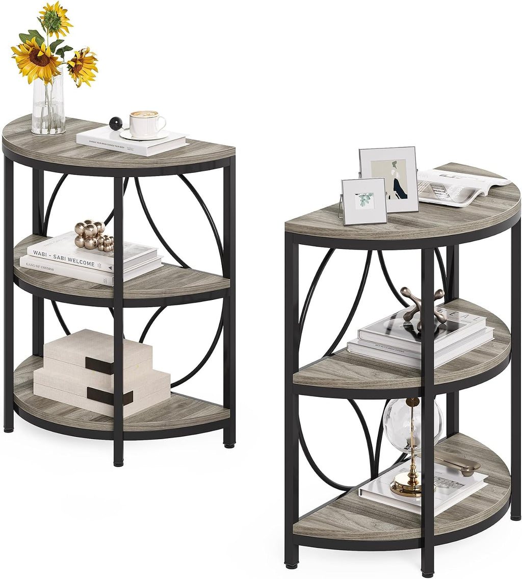 LITTLE TREE Small Half-Round Side Table Set of 2, 3-Tier Grey Wooden Accent Table for Living Room, Bedroom, Sofa