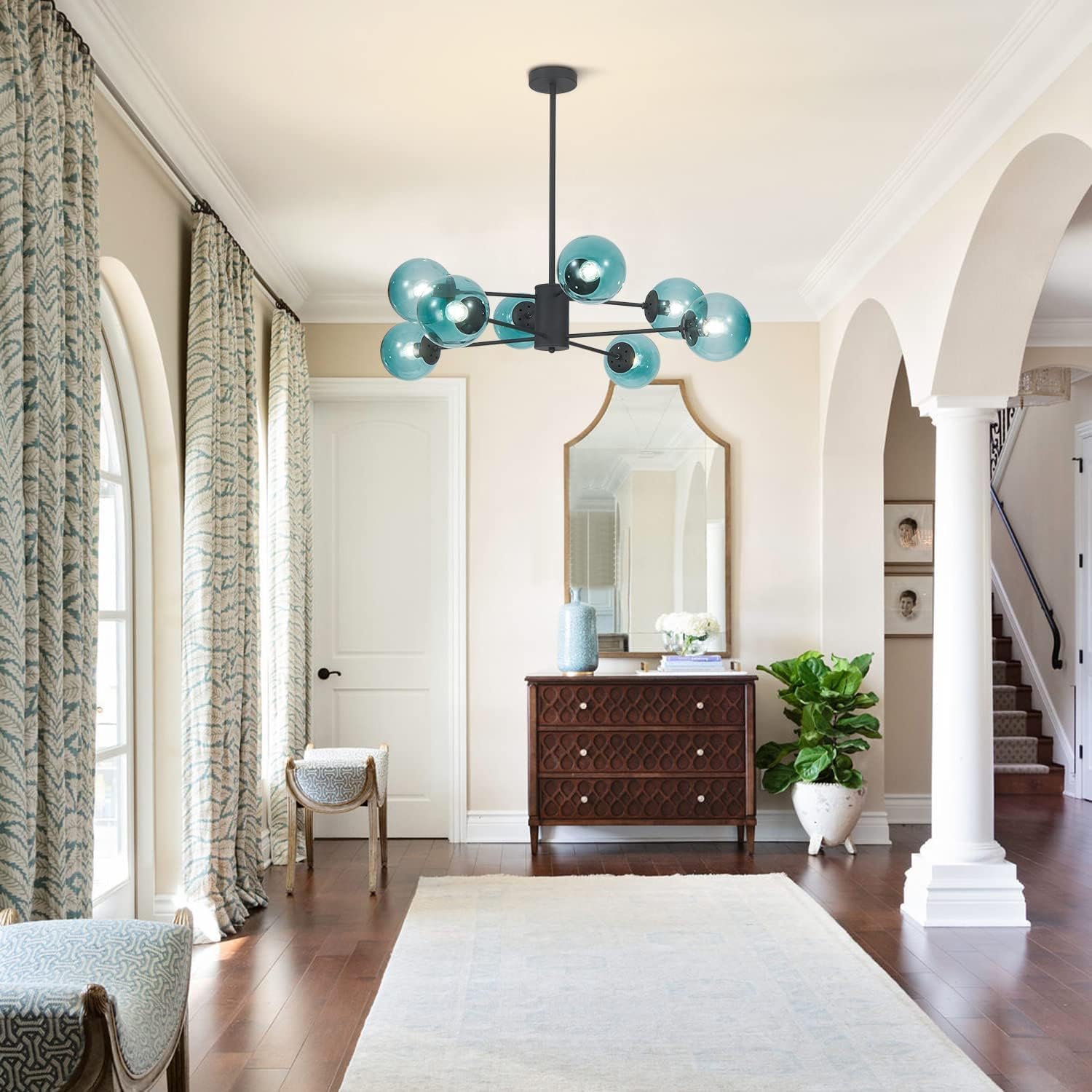 Glass Globe Chandelier Mid Century Modern Pendant Lights Black Ceiling Hanging Light Fixture with Blue Glass Shade Sputnik Chandeliers for Kitchen Island Living Dining Bedroom (Blue)