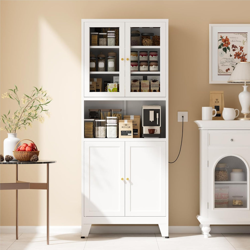 COFaR 69' Tall Modern Kitchen Pantry,Metal Storage Cabinet with Shelves ＆ Glass Doors for Display,Pantry Storage Cabinet,Freestanding Cupboard for Kitchen,Dining Room,Living Room,Bathroom,White
