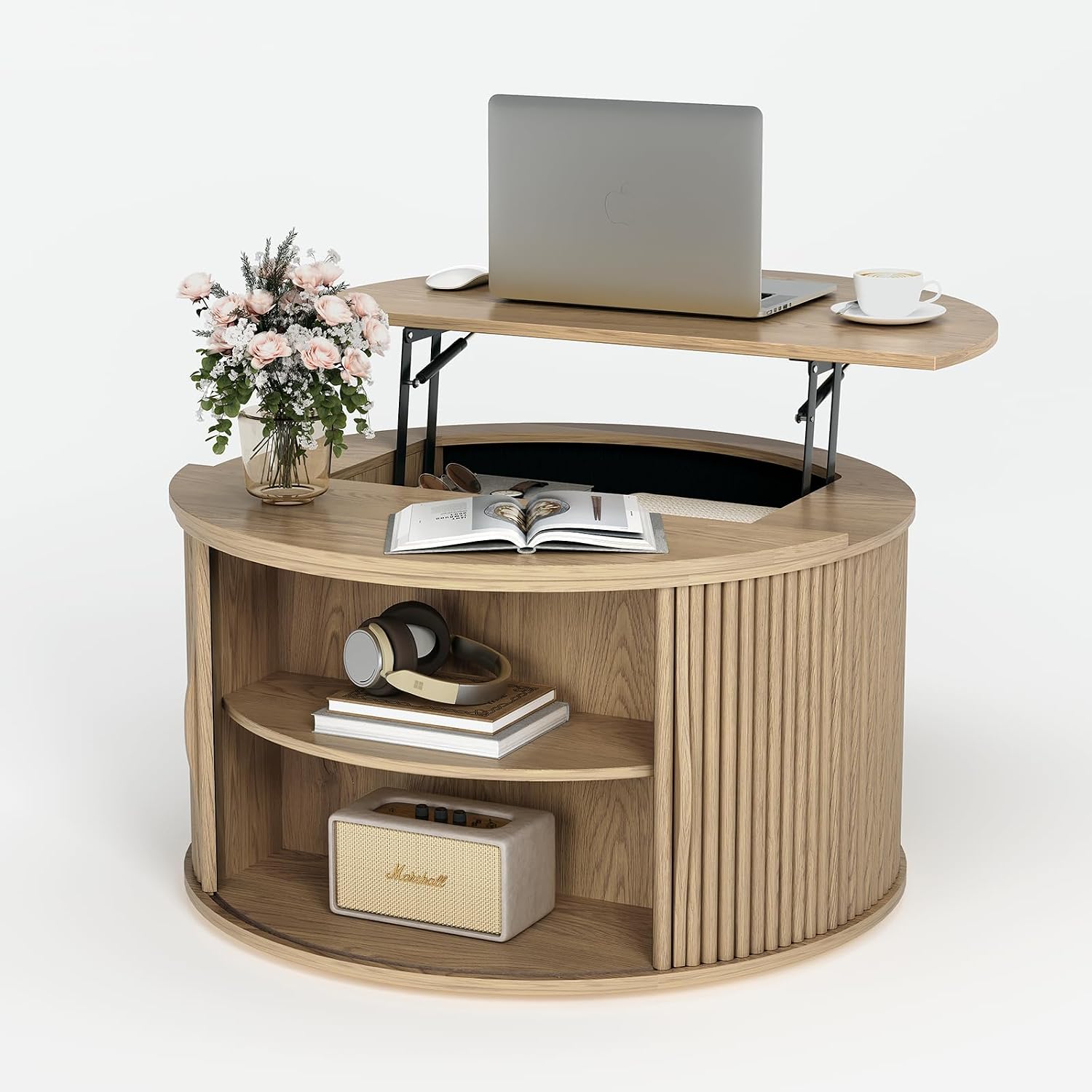 Round Lift Top Coffee Table, 31.5' Mid Century Modern Center Table with Hidden Storage, Fluted Circle Coffee Tables for Living Room, Home Office, Oak