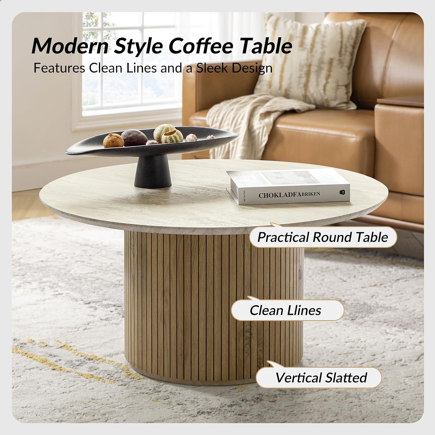 HULALA Home Round Coffee Table, Modern Wooden Coffee Table with Sturdy Base, Coffee Table for Living Room and Lounge Room, Lime
