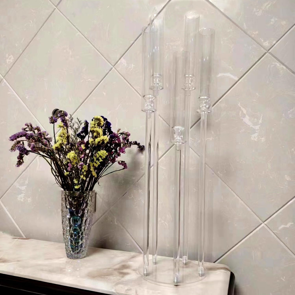 8 Sets Acrylic Floor Candelabra Centerpieces for Wedding, 33.9Inches Tall Candelabra Candle Holder with LED Candles 5 Arm Candlesticks Holder with Acrylic Shade for Table Dinner Party Fireplace Decor