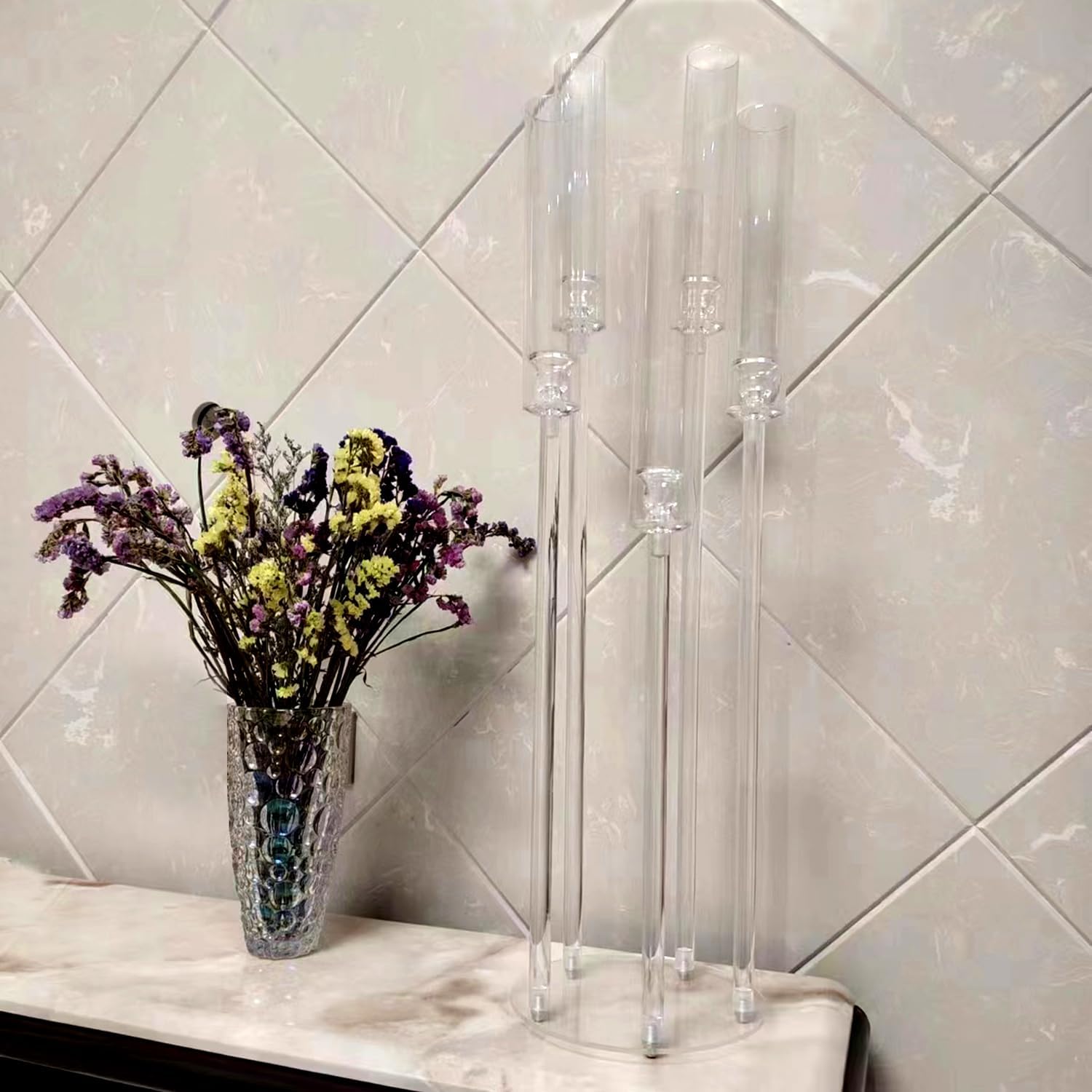 8 Sets Acrylic Floor Candelabra Centerpieces for Wedding, 33.9Inches Tall Candelabra Candle Holder with LED Candles 5 Arm Candlesticks Holder with Acrylic Shade for Table Dinner Party Fireplace Decor