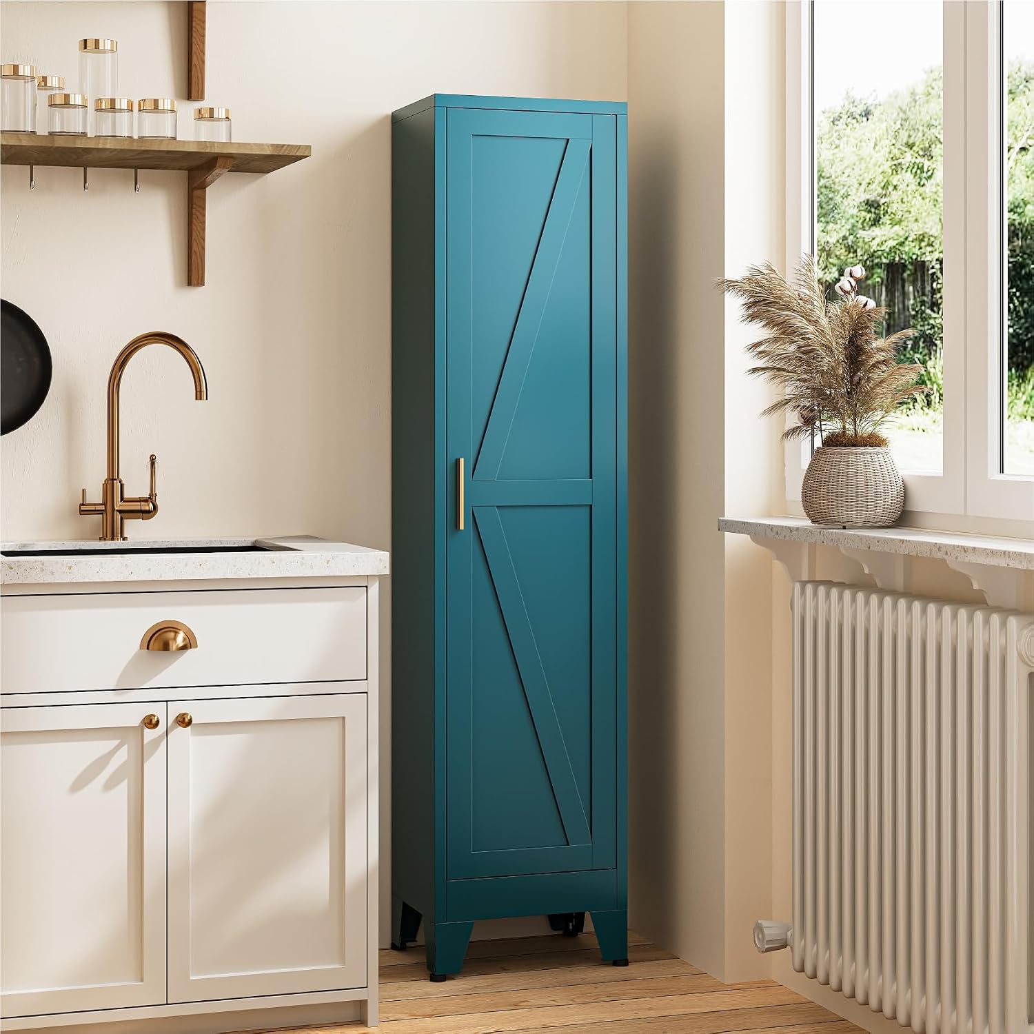 67' Tall Storage Cabinet with Reversible Doors and Adjustable Shelves,Metal Slim Freestanding Cabinet for Bathroom Kitchen Garage Small Spaces,Blue,5-Tier 1 Pack