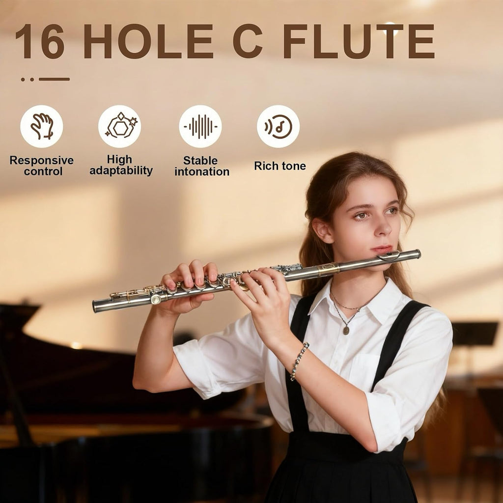 Kmise Closed Hole C Flute, Responsive Flute Instrument, Premium and Durable Flutes with Gig Bag, Collapsible Stand, Beginner's Guide, Cleaning Kit - Effortless for Beginners, Students (Bronze)