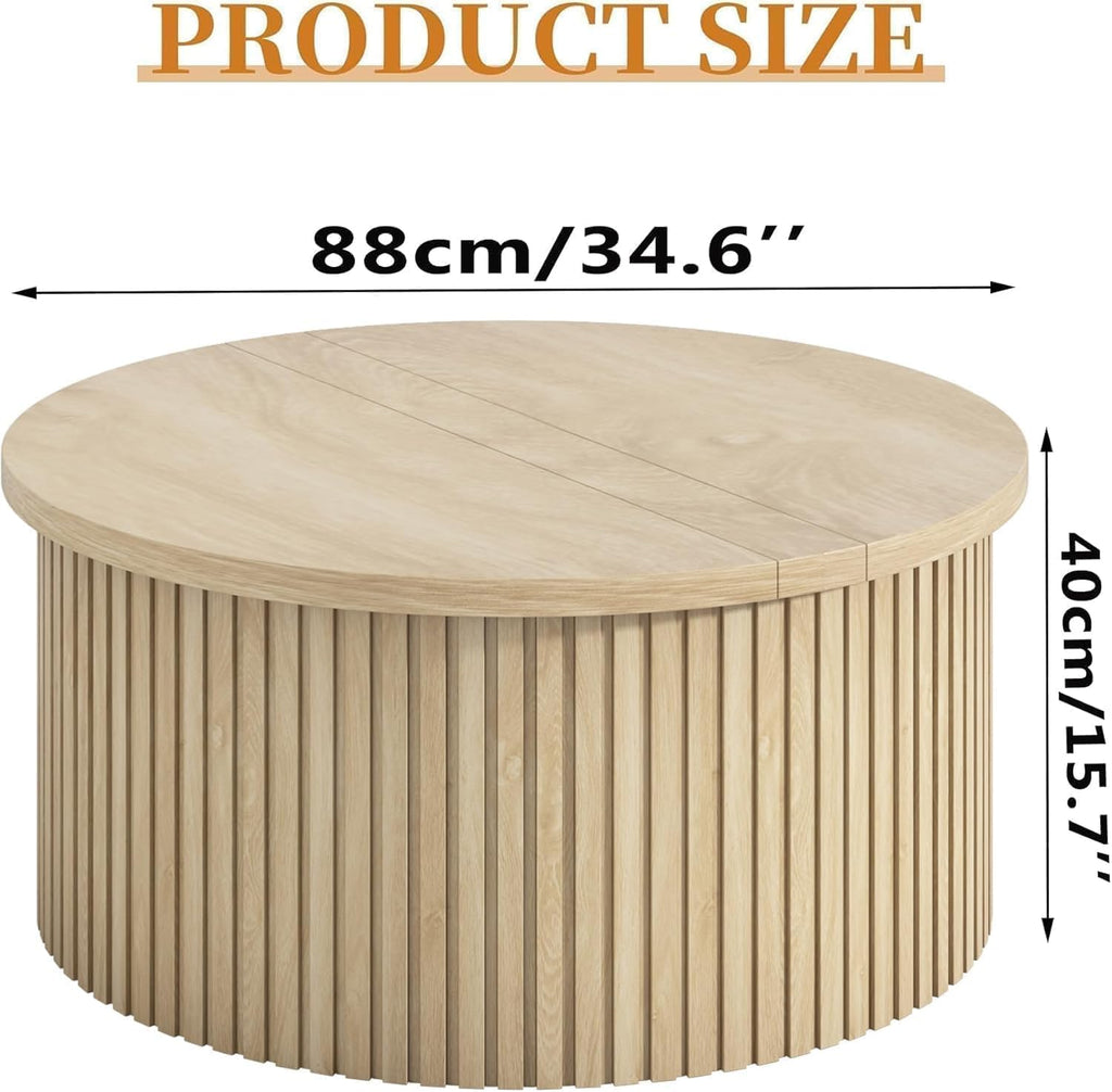 Fsbecl Fluted Lift Top Coffee Table with Storage, 34.6'' Round Coffee Tables for Living Room, Circle Wood Center Table with Hidden Conpartment (Wood Color)