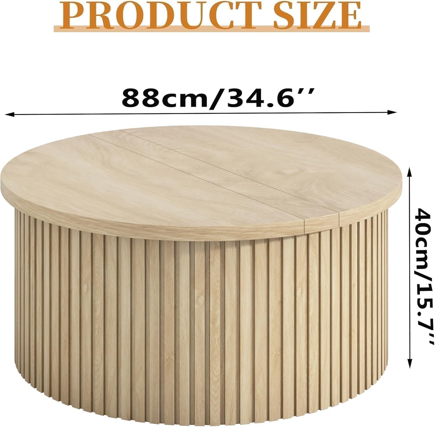 Fsbecl Fluted Lift Top Coffee Table with Storage, 34.6'' Round Coffee Tables for Living Room, Circle Wood Center Table with Hidden Conpartment (Wood Color)