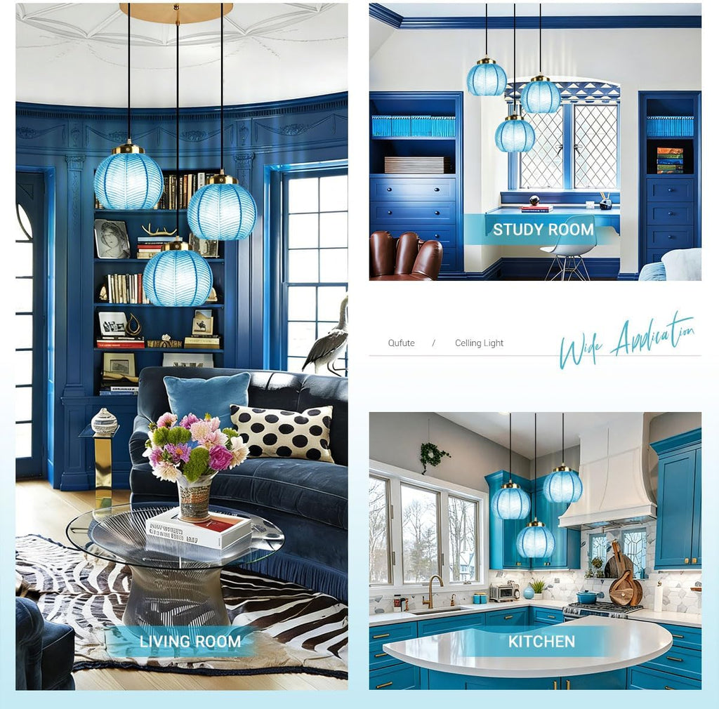 Cluster Pendant Light Glass Globe Chandelier 3-Lights Adjustable with 8.7″ Blue Glass Shades, Mid-Century Modern Kitchen Island Chandeliers,Ribbed Ball Gold Ceiling Hanging Lights