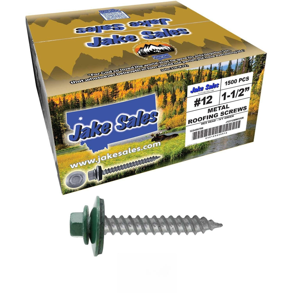 12 x 1-1/2' Ivy Green Metal Roofing Screws - Hex Washer Head- Self-Starting/Tapping - EPDM Washer. 6 X 250 Bags - 1,500 Screws