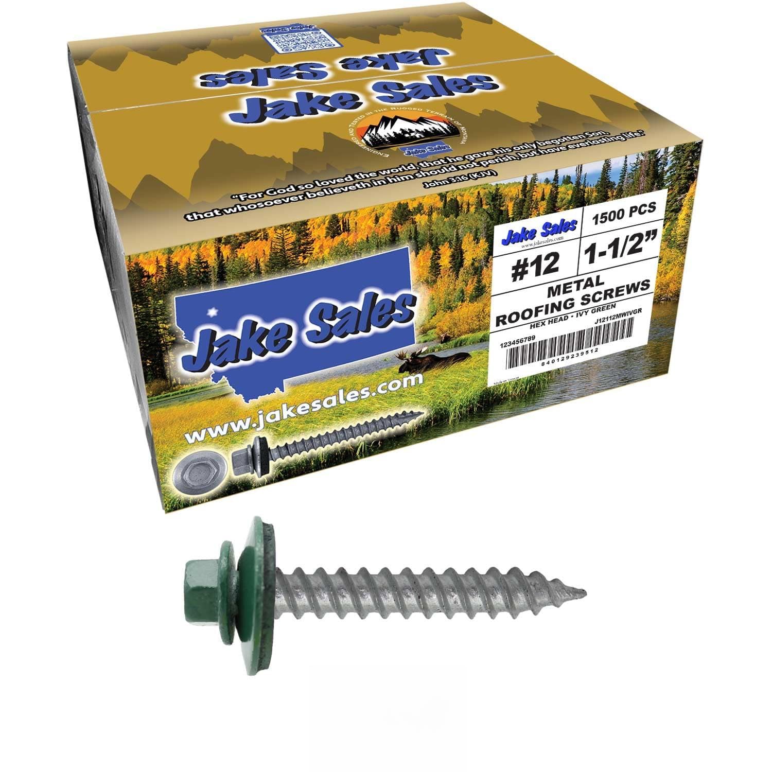 12 x 1-1/2' Ivy Green Metal Roofing Screws - Hex Washer Head- Self-Starting/Tapping - EPDM Washer. 6 X 250 Bags - 1,500 Screws