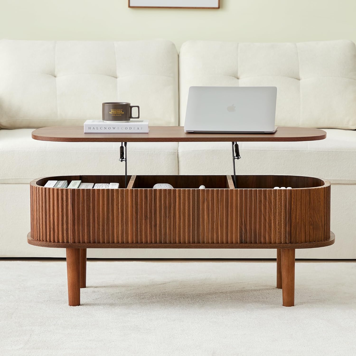 Fully Assembled Fluted Lift Top Coffee Table with Hidden Compartment, Wooden Center Table, Modern Oval Lift Tabletop for Home Living Room Office, Walnut