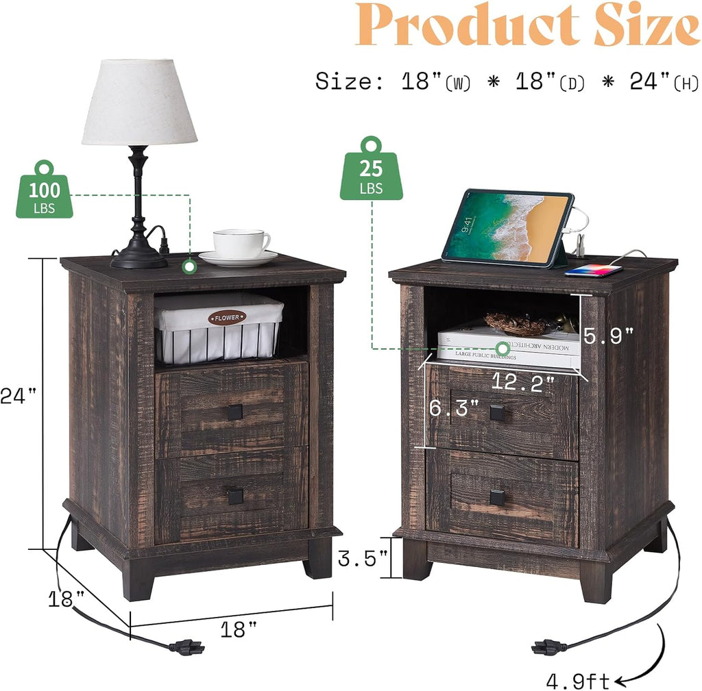 AMERLIFE 18' Farmhouse Nightstand Set of 2, End Table with Charging Station, with 2 Storage Drawers, Bedside Table with USB Ports, Rustic Oak Black