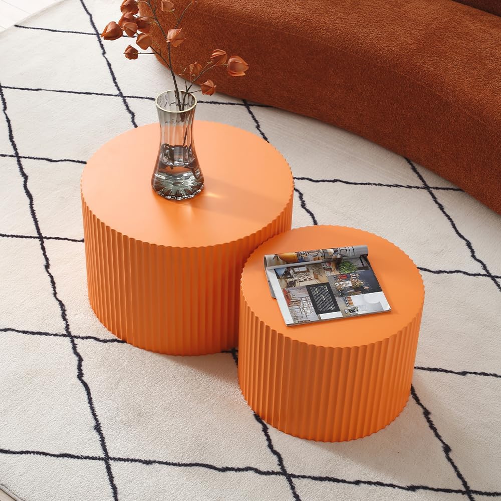 WILLIAMSPACE Nesting Coffee Table Set of 2, Matte Orange Round Wooden Coffee Tables, Modern Luxury Side Tables Accent End Table for Living Room Apartment, 23.62'*23.62'*15.75'H (Orange,Round)
