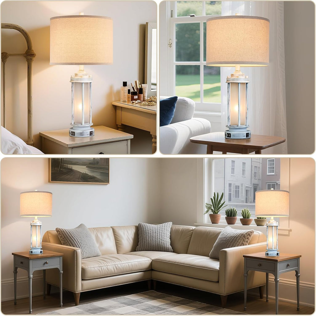 AIEAMPDO 25' Rustic Table Lamps Set of 2, Vintage Nightstand Lamps with 2 USB Ports, Farmhouse Antique White Desk Lamp with Glass Night Light for Living Room Bedroom Dorms, 4 Bulbs Included