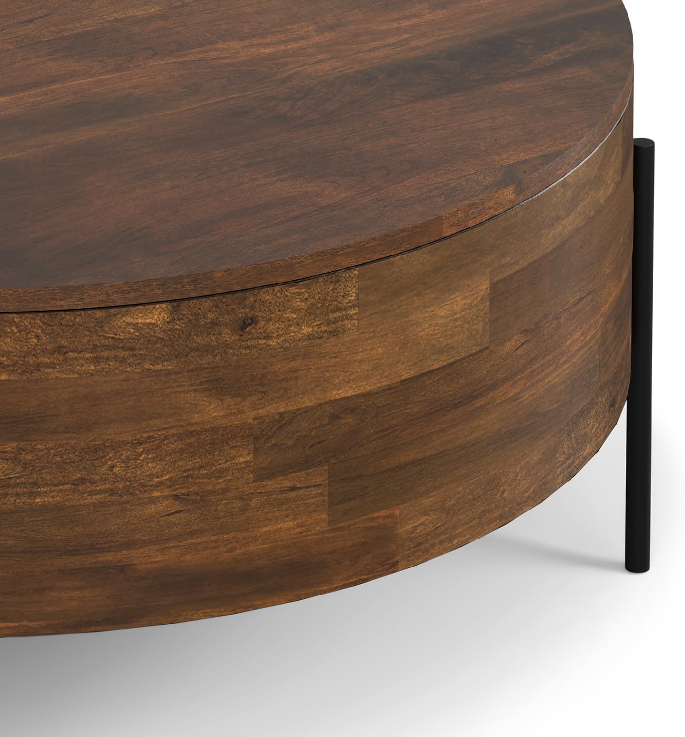 SIMPLIHOME Rayburn Drum Coffee Table - 38 inch Wide Solid Mango Wood Round Living Room Table in Walnut Brown, Modern Urban Center Table for Family Room with Black Metal Legs and Large Surface