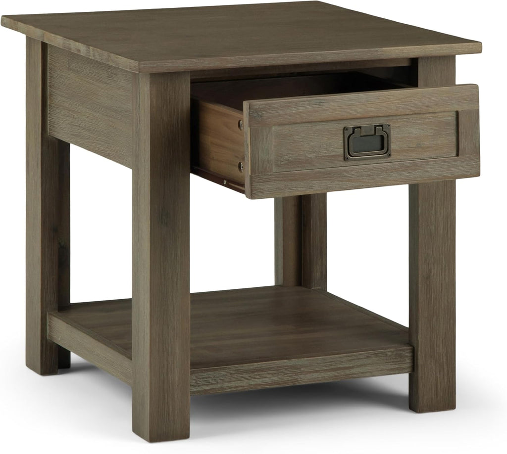 SIMPLIHOME Monroe End Table - 22 inch Wide Solid Acacia Wood Side Table in Distressed Grey, Rustic Contemporary Accent Table for Living Room or Bedroom with Drawer and Shelf