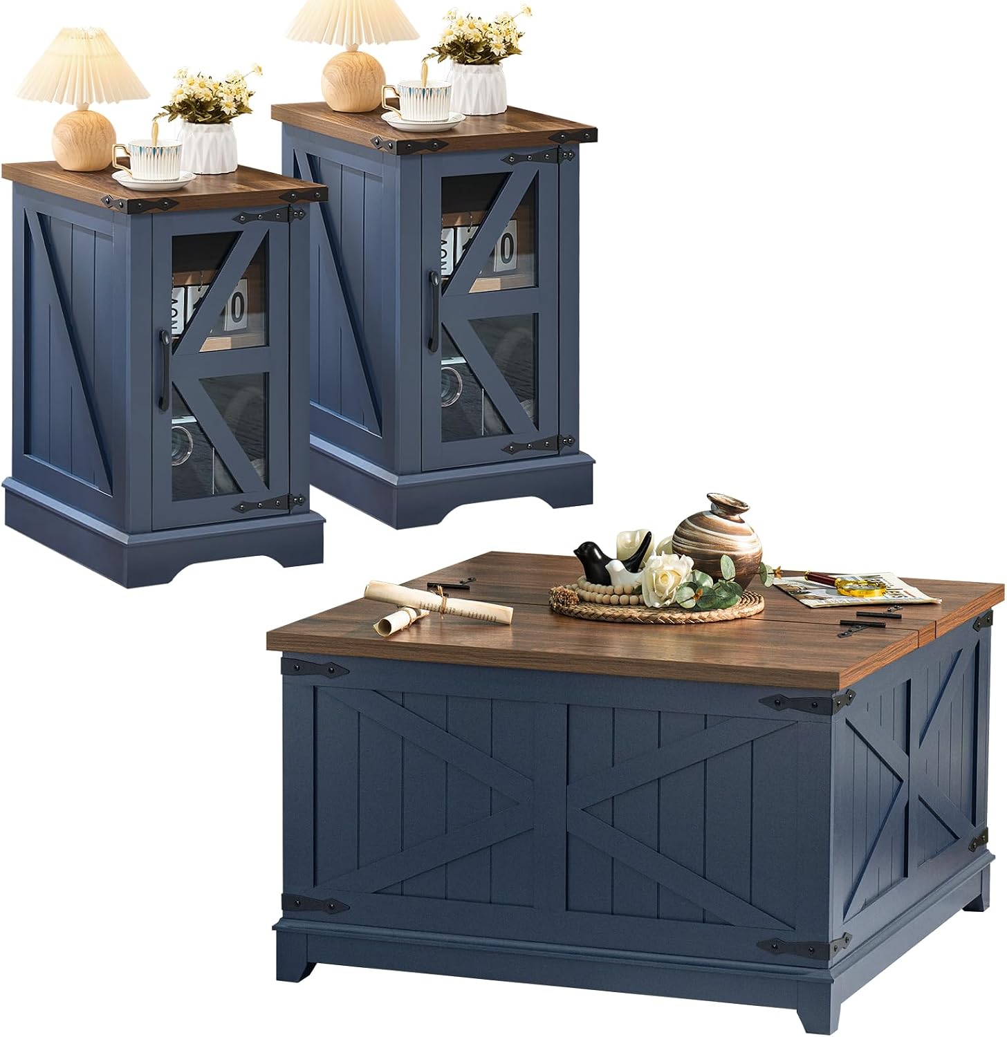 Joaxswe Farmhouse Coffee Table Sets 3 Pieces, Narrow Night Stand with Glass Barn Door Storage, Large Coffee Tables with Hidden Storage Organizer, Wood Furniture Sets for Living Room, Office, Blue
