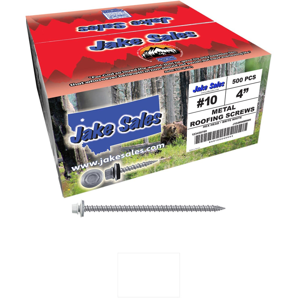 10 x 4 Brite White Metal Roofing Screws - Hex Washer Head- Self-Starting/Tapping - EPDM Washer. 2 X 250 Bags - 500 Screws