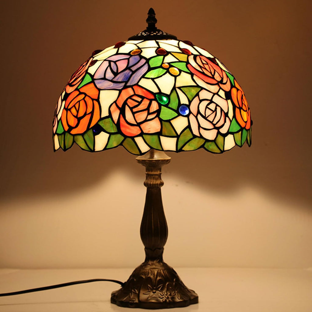 Tiffany Stained Glass Single Lampshade 12 Inch Colored Rose Table Lamp Shade Pendant Hanging Light Fixture Ceiling Lamp Replacement Shade Red Orange Blue Pink Flower Green Leaves,B2