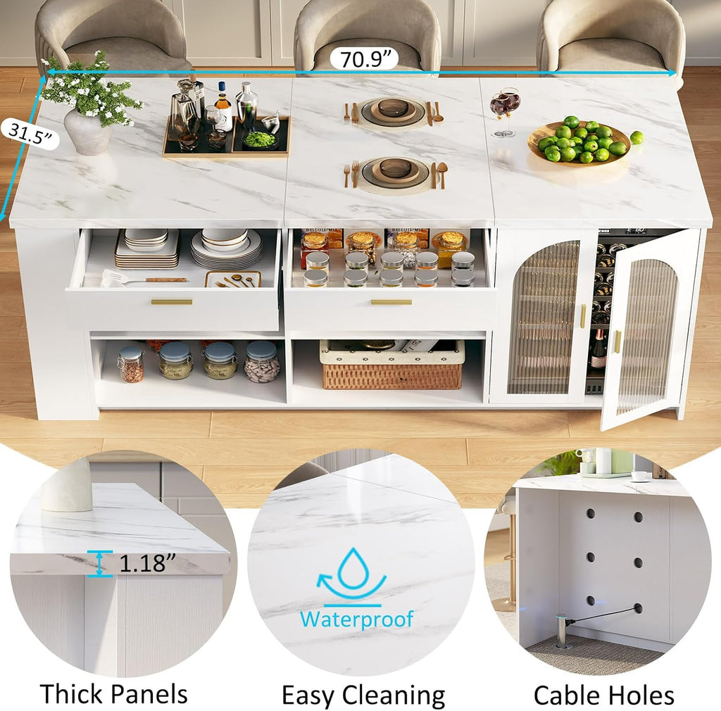IBF 71' Large Kitchen Island with Storage, White Faux Marble Island table with Seating for 4-6, Stationary Island Cabinet with Drawers & Fridge Space, Modern Wood Counter Height Island Bar, Only Table