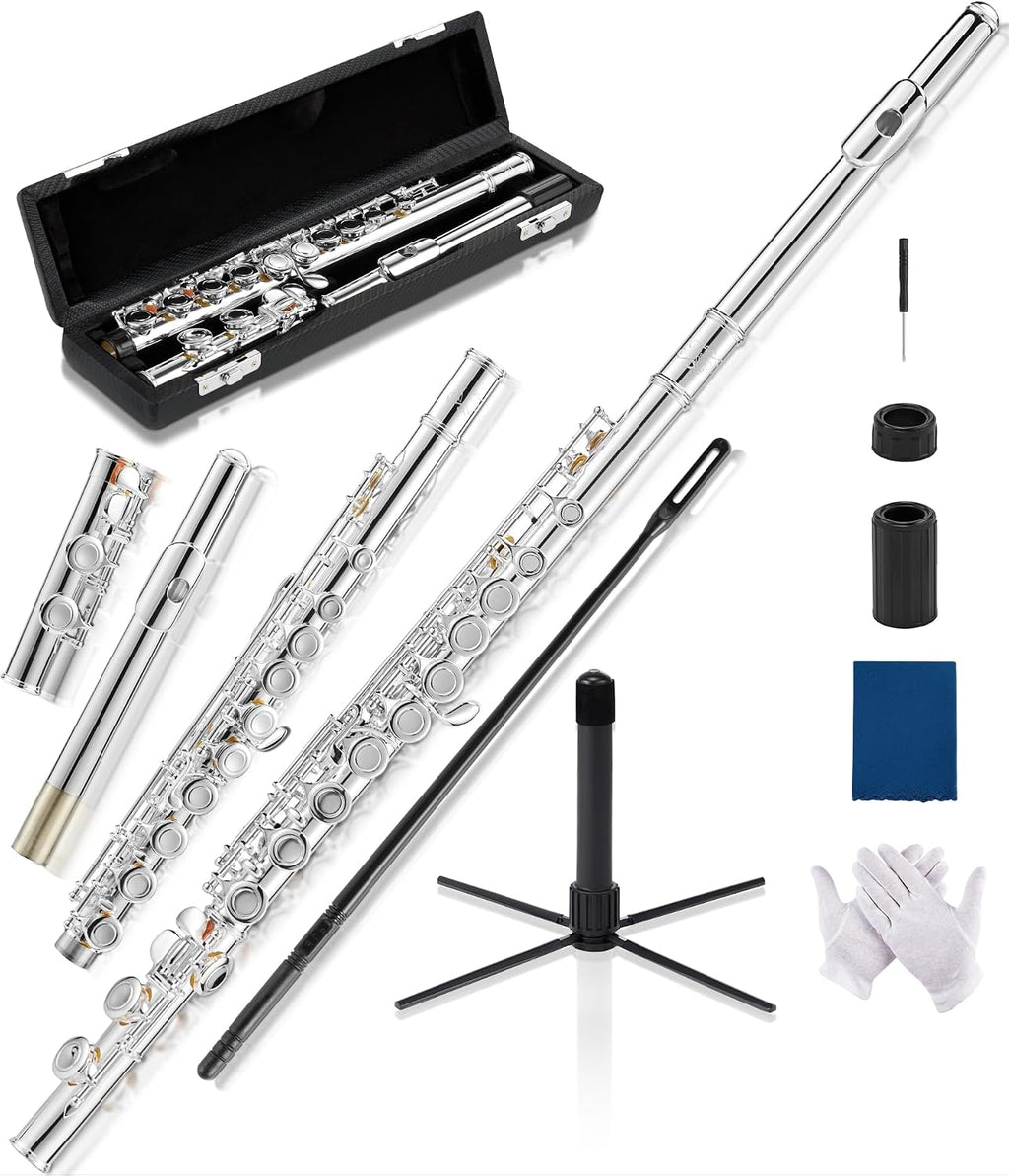 AKLOT Closed-Hole Concert C Flute: Flute Instrument with 16 Keys, Offset G, Smooth Silver-Plated Keys, Air-Tight Pads, Include Stylish Leather Hard Case, Cleaning Kit, Stand, Gloves (LUM-MV)