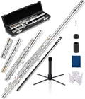 AKLOT Closed-Hole Concert C Flute: Flute Instrument with 16 Keys, Offset G, Smooth Silver-Plated Keys, Air-Tight Pads, Include Stylish Leather Hard Case, Cleaning Kit, Stand, Gloves (LUM-MV)