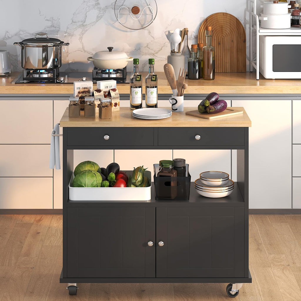 knoworld Rolling Kitchen Island with Storage Cabinet, 35.4'' Width Kitchen Cart, 2 Drawers Island Table, Portable Mobile Kitchen Island with Towel Rack, Wood Top and Lockable Wheels, Black
