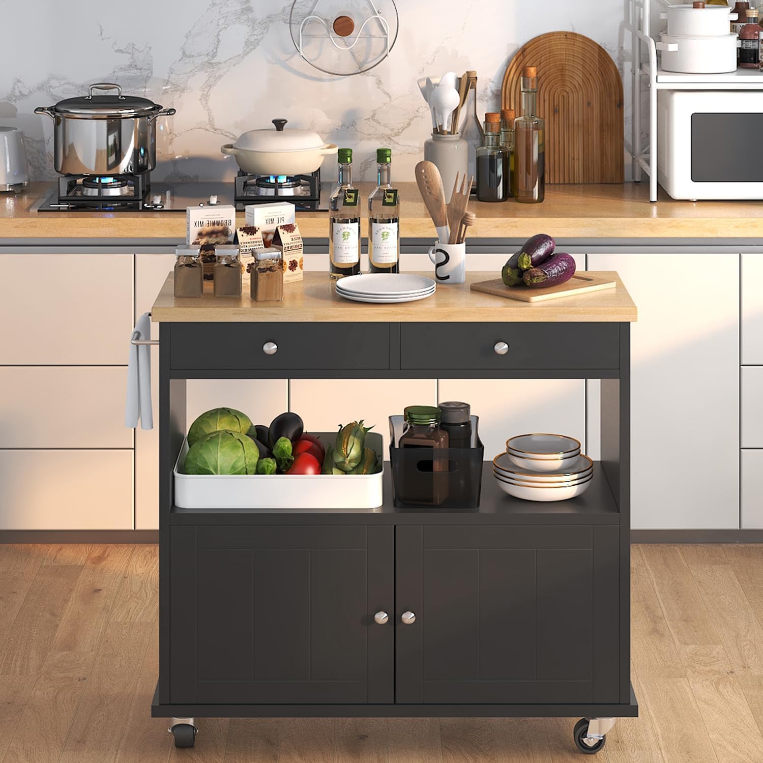 knoworld Rolling Kitchen Island with Storage Cabinet, 35.4'' Width Kitchen Cart, 2 Drawers Island Table, Portable Mobile Kitchen Island with Towel Rack, Wood Top and Lockable Wheels, Black