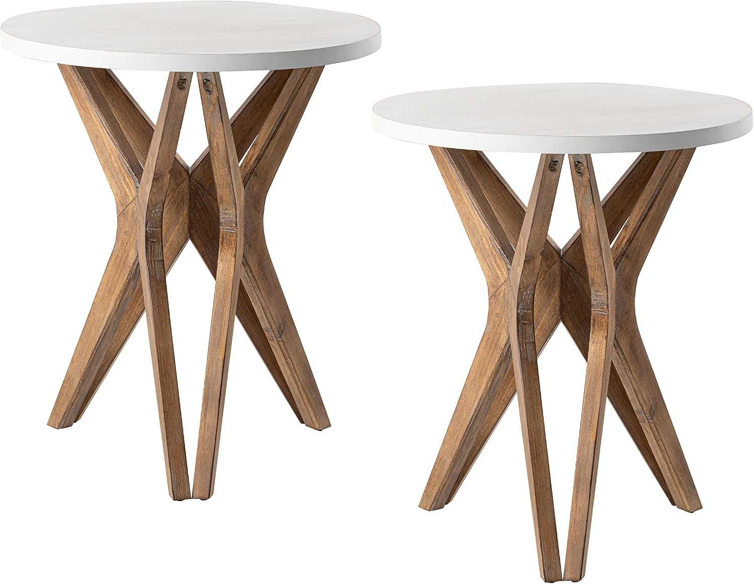 Pedestal Farmhouse End Table Set of 2, Distressed Top with Tripod Base Bedside Table for Living Room, Modern, Boho Decor, Round (2-Pack, White & Walnut)