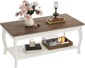 ChooChoo Coffee Table, Rustic Center Table with Curved Legs and Storage Shelf, 39' Coffee Table for Living Room, Soft White