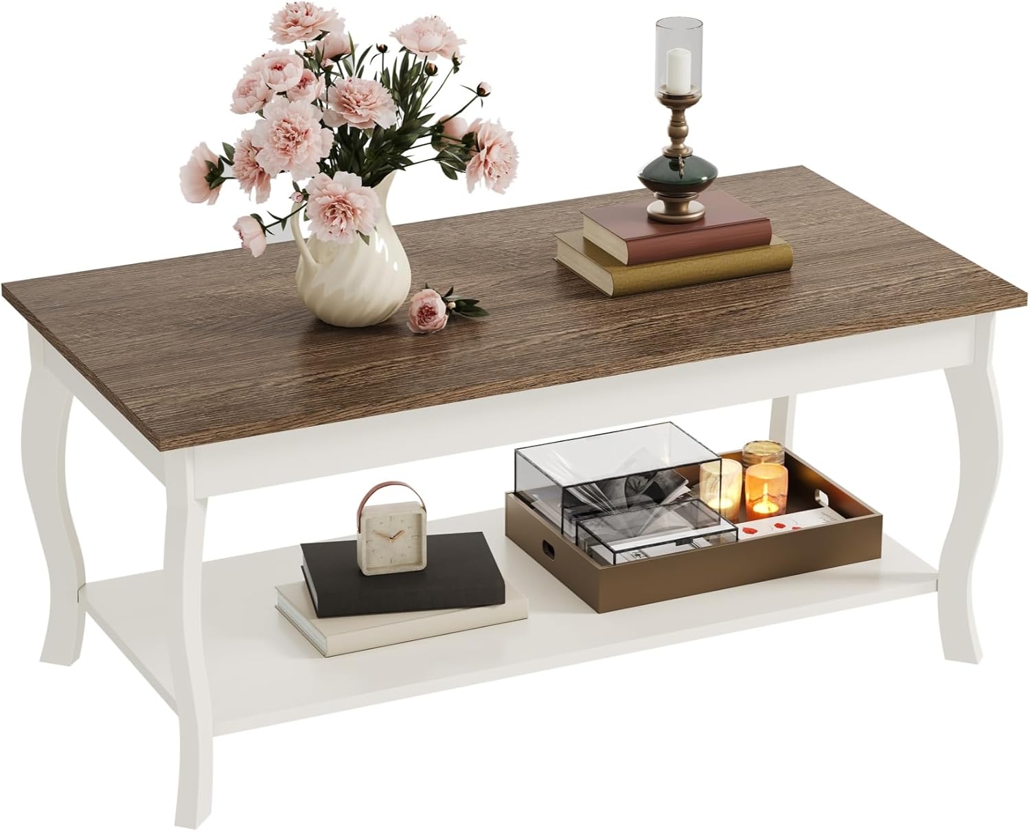 ChooChoo Coffee Table, Rustic Center Table with Curved Legs and Storage Shelf, 39' Coffee Table for Living Room, Soft White