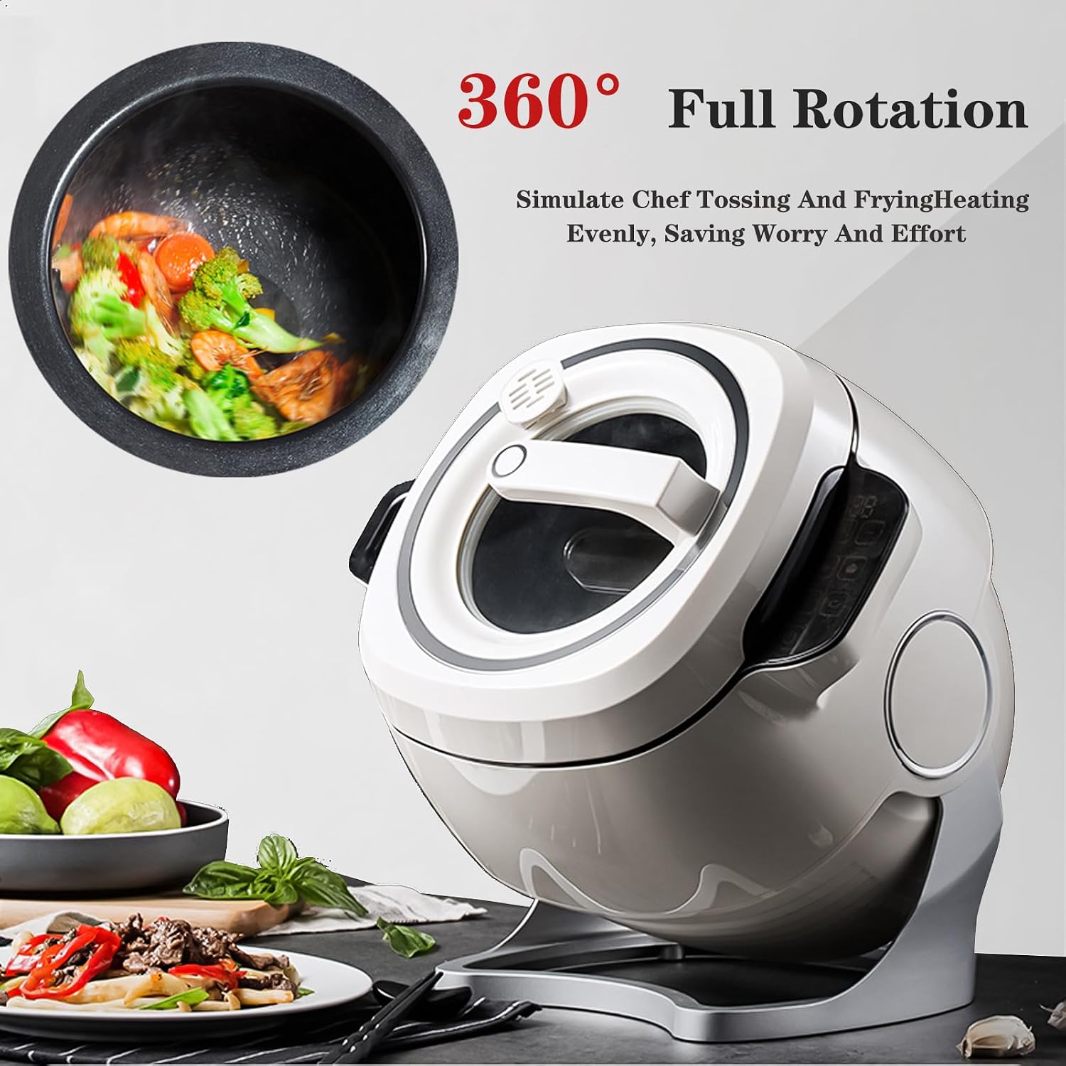 2000W Commercial Food Processor & Automatic Cooker, 6L Stainless Steel Pot with 360° Rotation and 3D Heating, 3 Speed Modes for Stir Frying Soup Rice, Home and Restaurant Kitchen Appliance