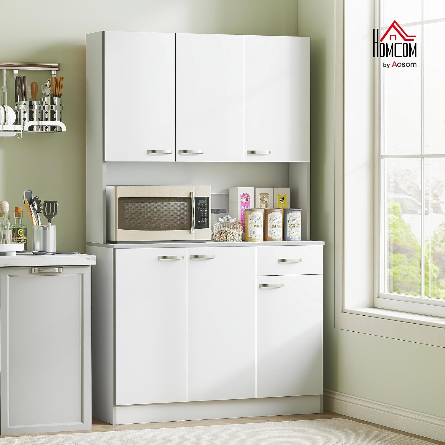 HOMCOM 71' Kitchen Pantry Cabinet with Microwave Stand, White | Tall Storage Cabinet, Buffet with Hutch, 6 Doors, Storage Drawer, 3 Adjustable Shelves