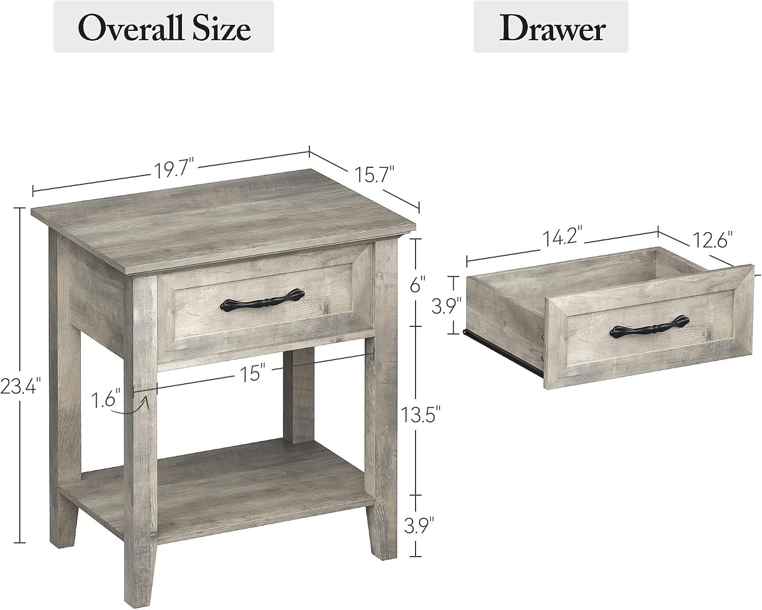 GarveeHome End Table with Drawer, Nightstands for Living Room, Side Table for Study Room, 2 Tiers Storage Shelves Bedside Table for Bedroom, Dorm, 2pcs-Grey