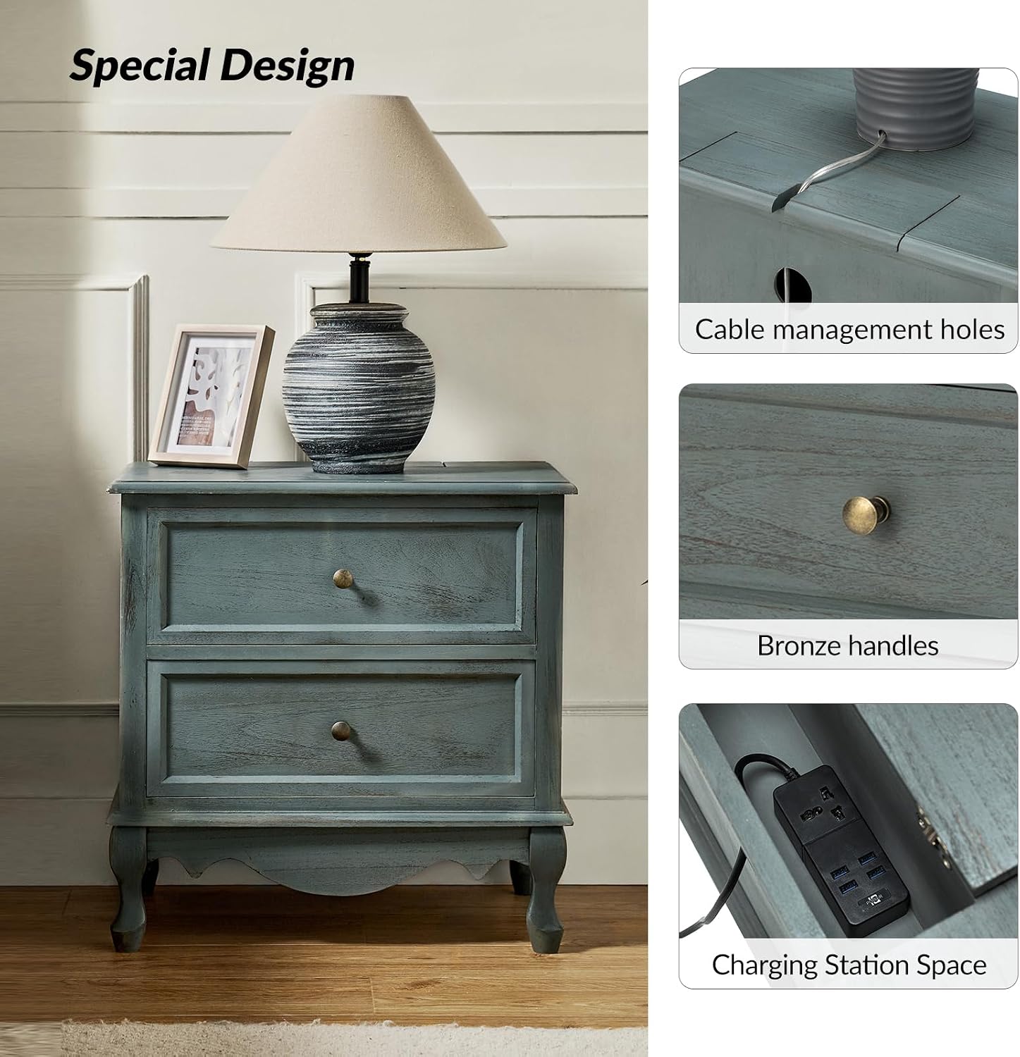 HULALA HOME Solid Wood End Table with Charging Station Space, Vintage Endtable with Wood Legs and 2 Drawers, French Side Table for Living Room，Blue