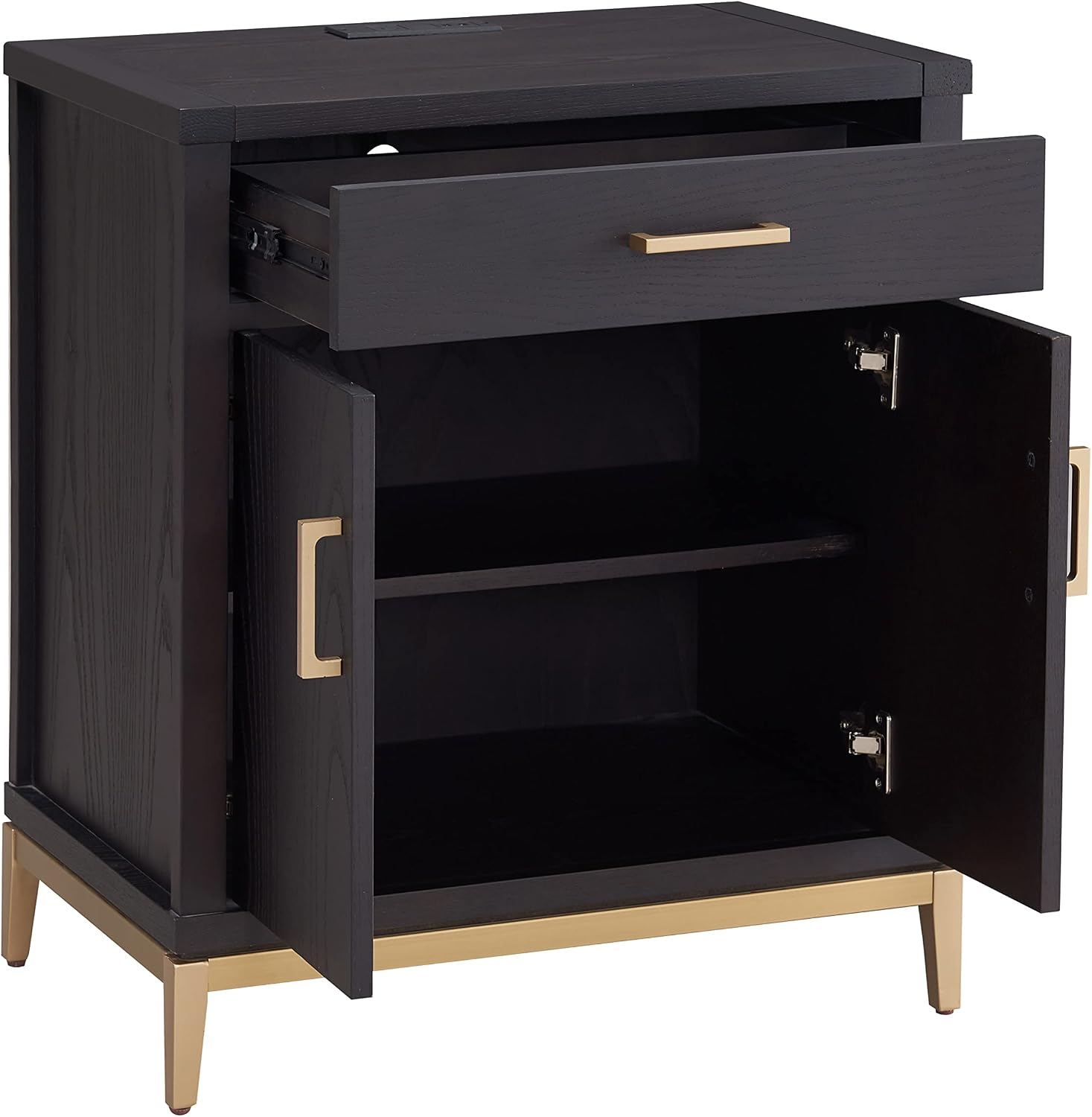 Leick Home Julien Nightstand Side Table One Drawer and Lower Cabinet Modern – Fast Charging Station – Durable Solid Wood – Living Room, Bedroom, Office, Black with Gold Trim, 9079–BLKGD