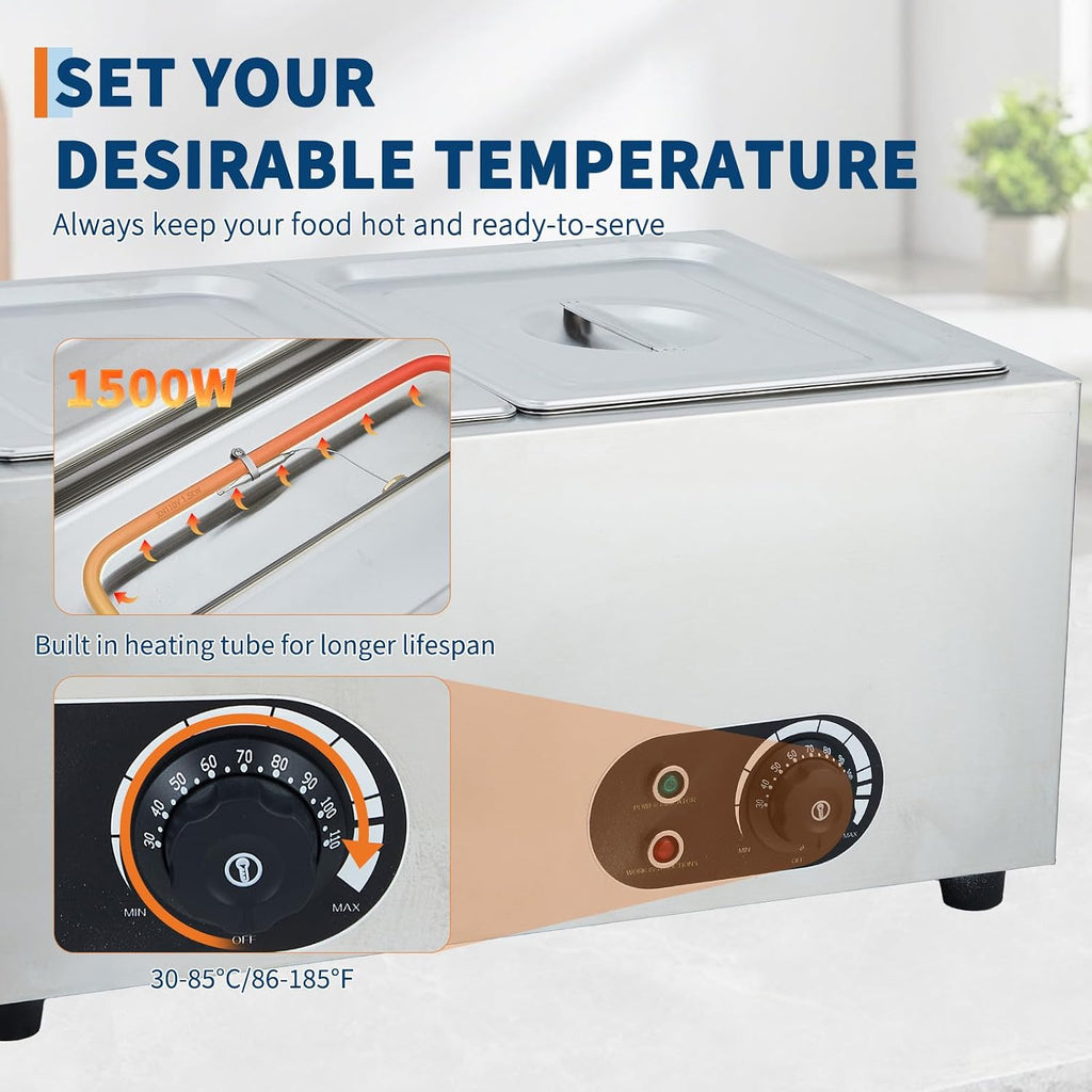Commercial Food Warmer Stainless Steel 1500W Electric Buffet Server Bain Marie, 2-Pan Catering Hot Food Station for Restaurants, Hotels, Banquets