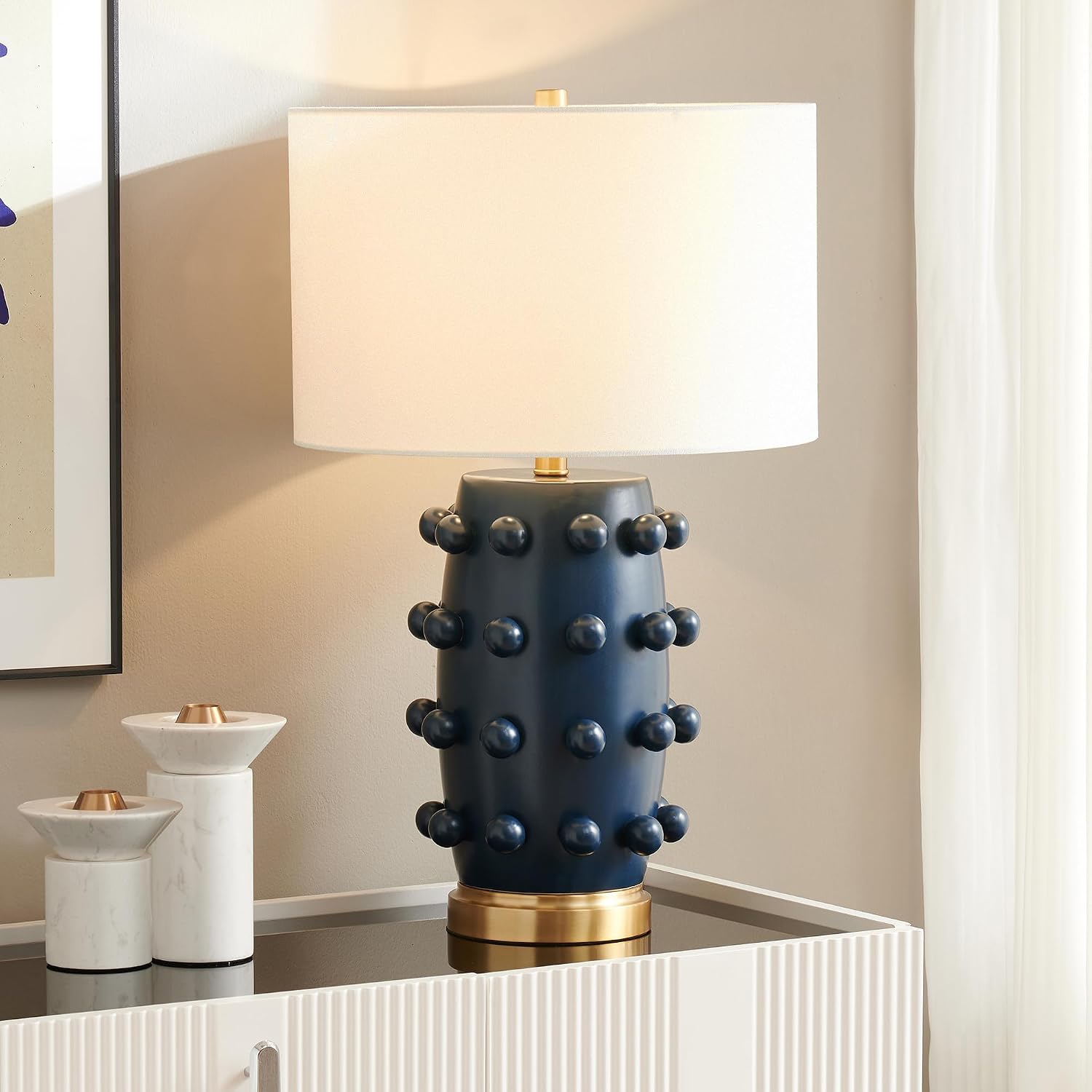Henn&Hart 25.5'' Modern 1-Light Ceramic Table Lamp with Spherical Orbs on Lamp Body with White Fabric Drum Shade for Living Room, Bedroom, or Office, Matte Navy