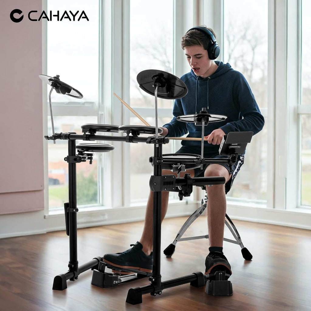 CAHAYA Electric Drum Set – Beginner Electronic Drum Kit for Kids & Adults, Portable Quiet Mesh Pads, 350 Sounds, 25 Kits, Headphones & Drum Throne, Ideal Xmas Gift