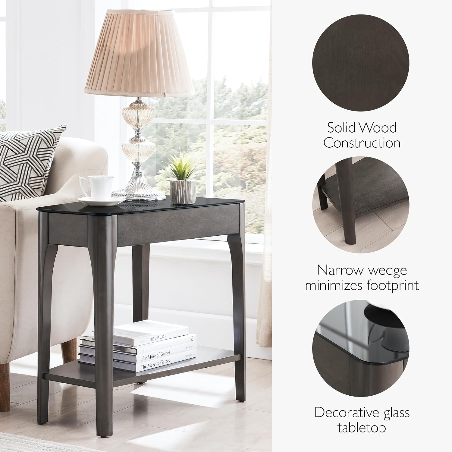 Leick Home Obsidian End Table, Solid Wood, Narrow Wedge Shape, Glass Tabletop, Bottom Display Shelf, Easy Assemlby, Smoke Gray/Black, 24.0 in. L x 17.0 in. W x 24.0 in. H, 11102-GR