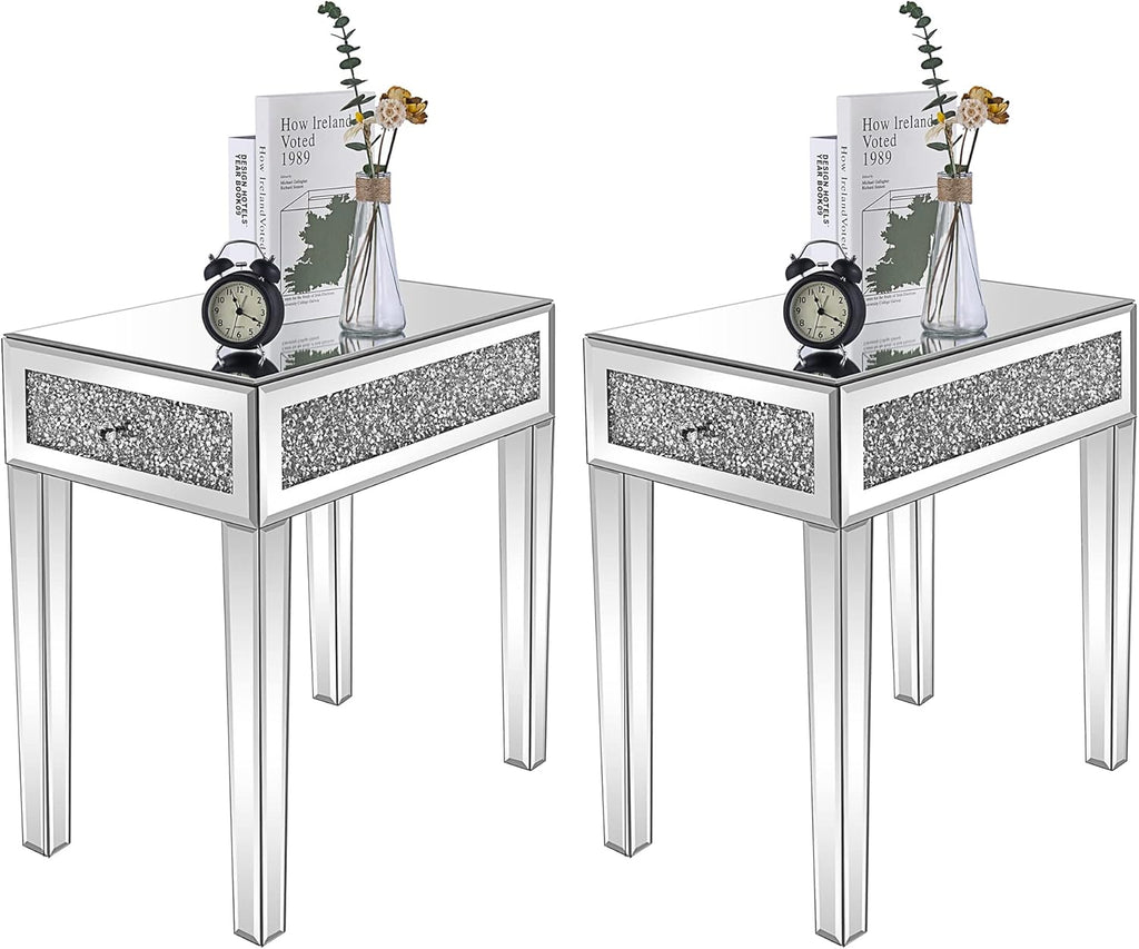 VINGLI Mirrored Nightstand Set of 2 Narrow Side Table with Drawer Glass Accent Table,Silver