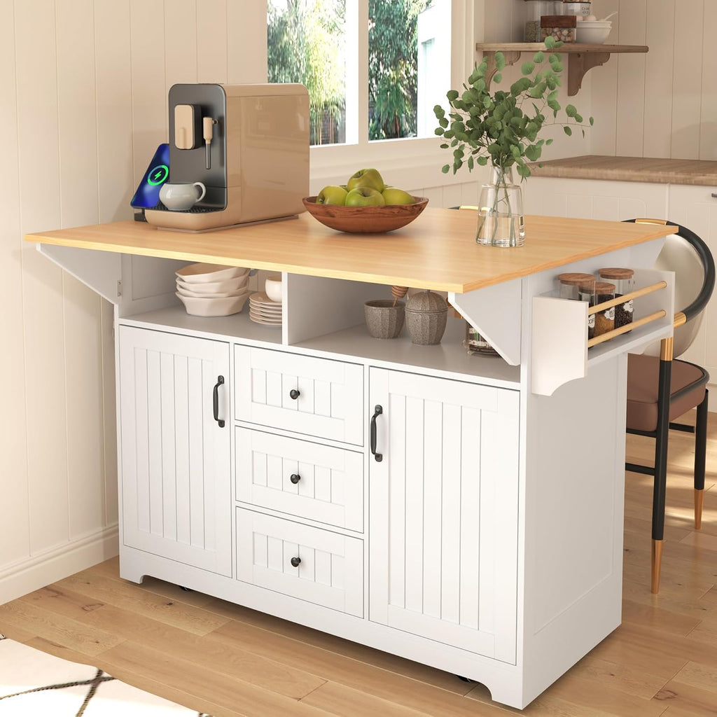 2 Drop Leaf Kitchen Island on Wheels, Farmhouse Rolling Kitchen Cart with Power Outlets, Kitchen Island Table with 2 Storage Cabinet, 3 Drawers and Spices Rack