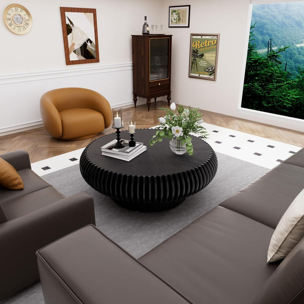 Round Drum Coffee Table for Living Room, Mid Century Modern Coffee Table with Sturdy Pedestal, Farmhouse Fluted Circle Center Table Accent Tea Table for Apartment (31.5' Black)