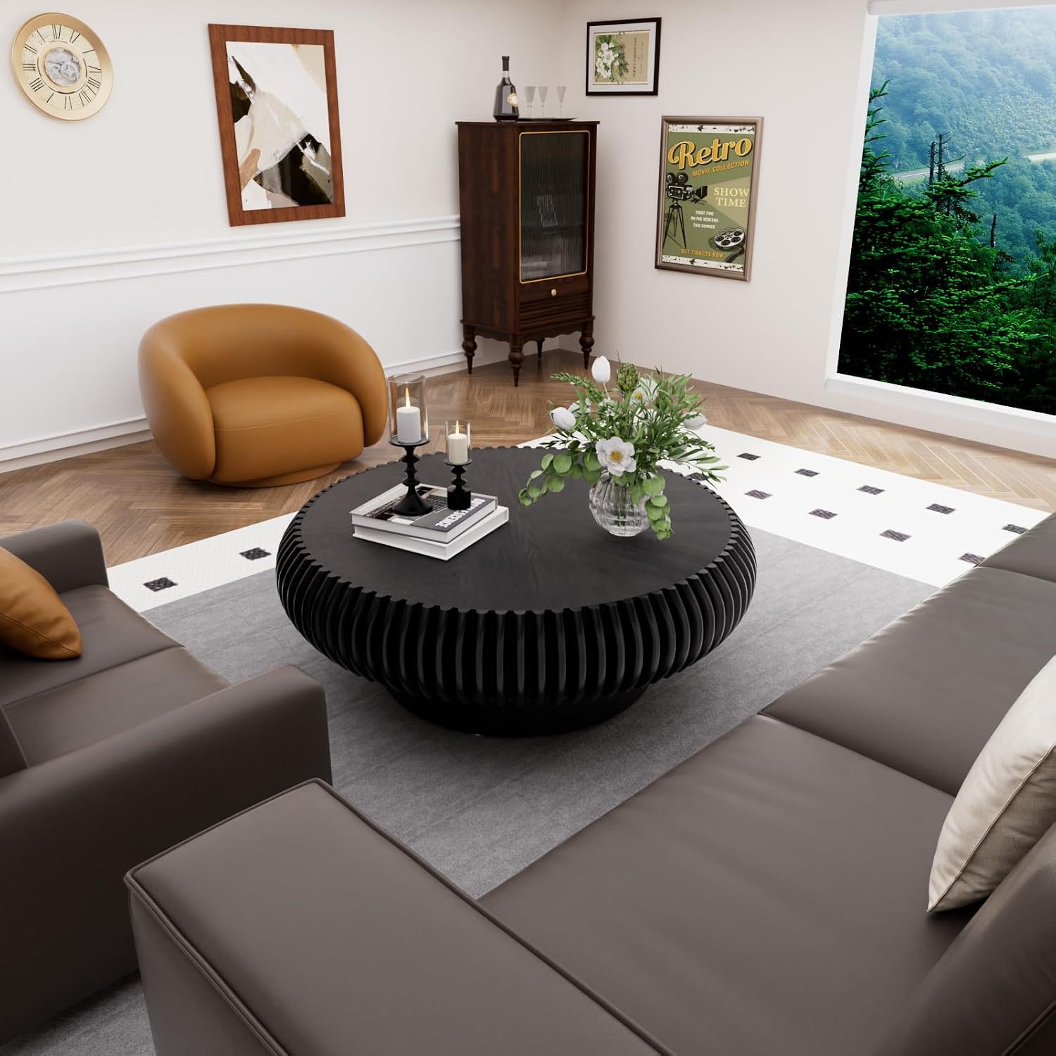 Round Drum Coffee Table for Living Room, Mid Century Modern Coffee Table with Sturdy Pedestal, Farmhouse Fluted Circle Center Table Accent Tea Table for Apartment (31.5' Black)