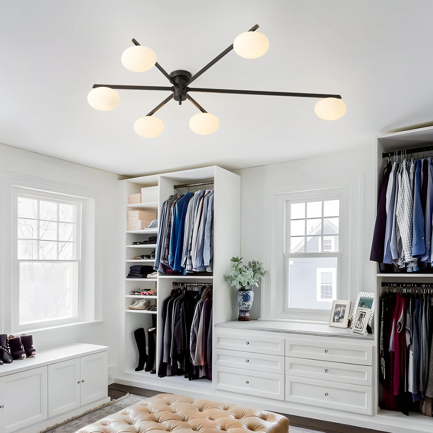 6-Light Mid Century Semi Flush Mount Black Matte Sputnik Chandelier Fixtures with Milk Glass Shade for Foyer MCL01-6 BK