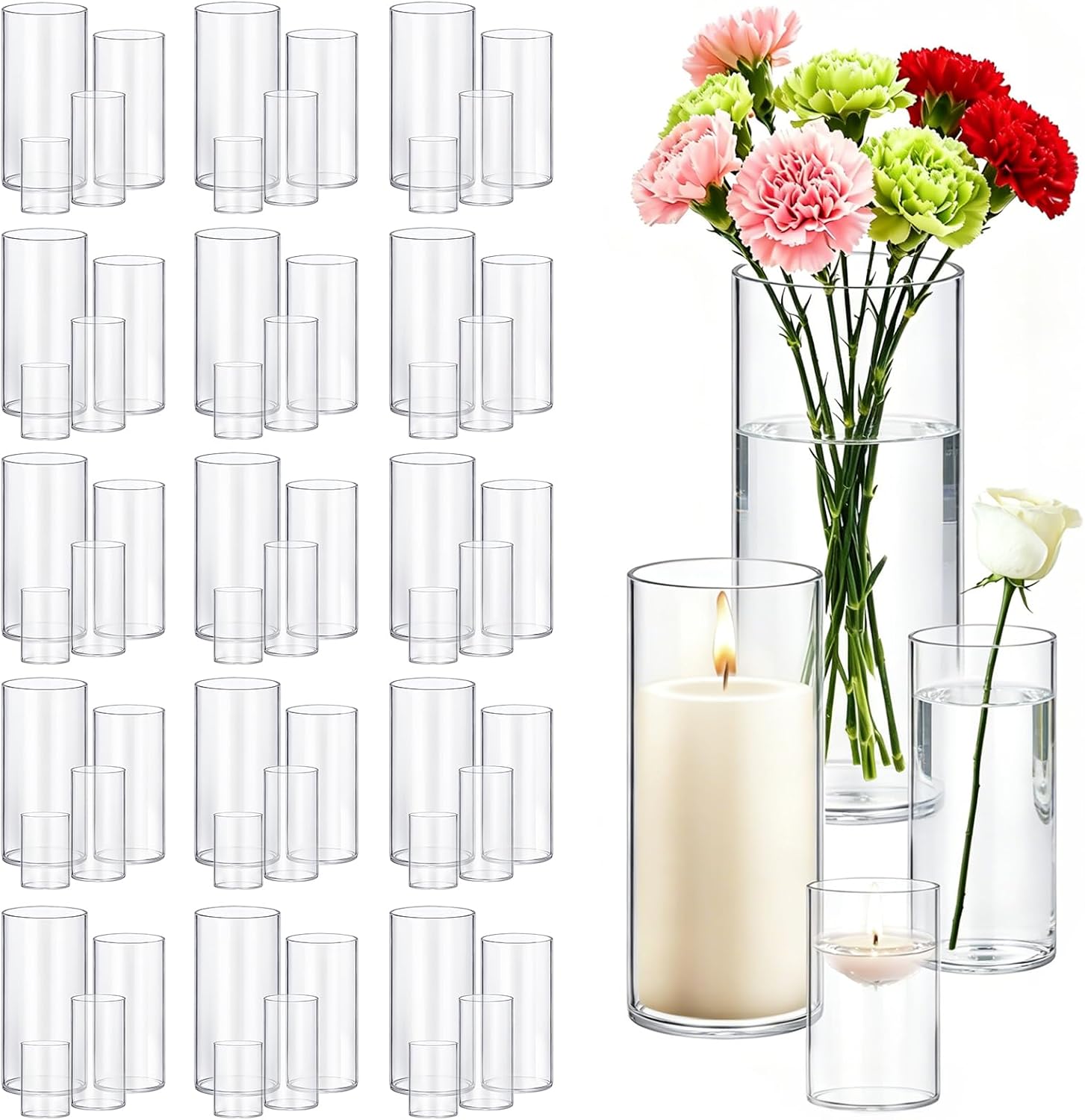 64 Pack Glass Cylinder Vases 4,6,8,10 Inch Tall Clear Flower Vase Hurricane Floating Candle Holder for Table Centerpiece Wedding Home Decor