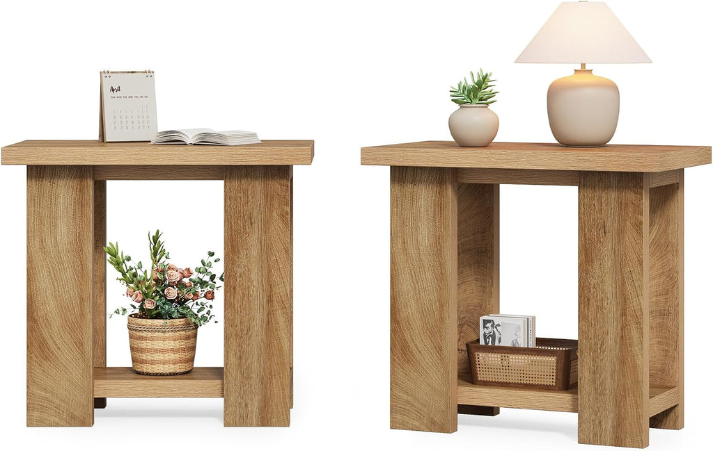 LITTLE TREE 2-Tier Side Table, Set of 2 Farmhouse End Table with Storage Shelves, Small Nightstand Wooden Beside Table Bed Side Table for Small Spaces, Living Room, Bedroom, Brown