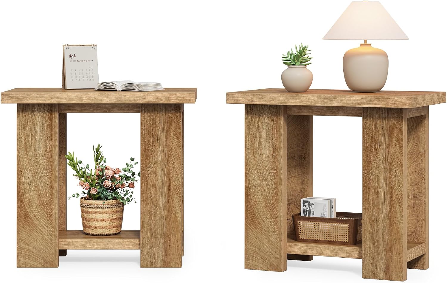 LITTLE TREE 2-Tier Side Table, Set of 2 Farmhouse End Table with Storage Shelves, Small Nightstand Wooden Beside Table Bed Side Table for Small Spaces, Living Room, Bedroom, Brown