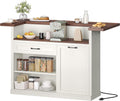 Kitchen Island with Storage, Rolling Kitchen Islands with Storage, 55' W Large Island Table, Breakfast Bar Counter with Drop Leaf, Trash Can Cabinet, Power Outlet for Dining Room, Walnut